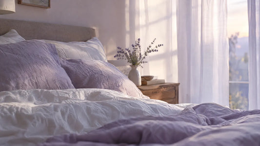 A quiet bedroom at dawn with soft violet morning light falling over a bed with rumpled sheets