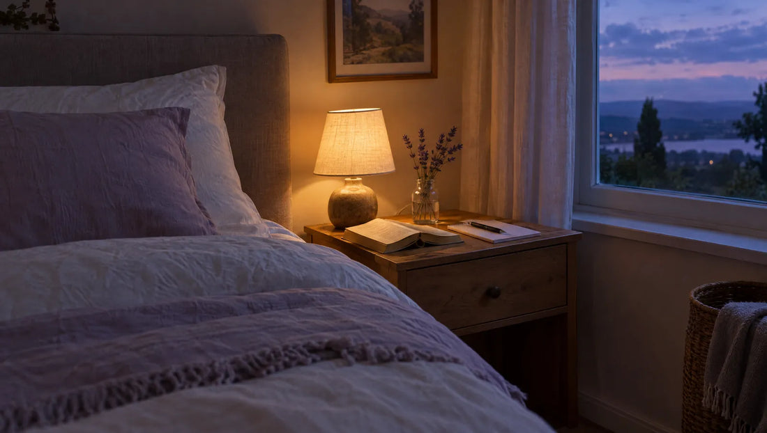 A cosy bedroom in evening light with an open book, a notepad and lavender on the nightstand
