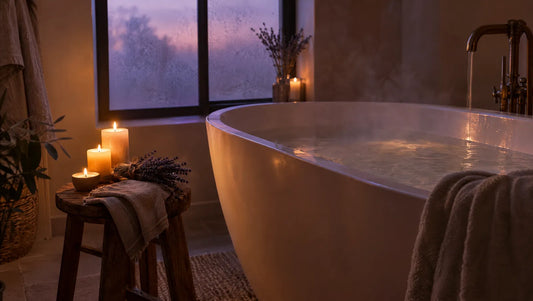 Evening bath with candles, dried lavender and a linen towel in soft dusk light