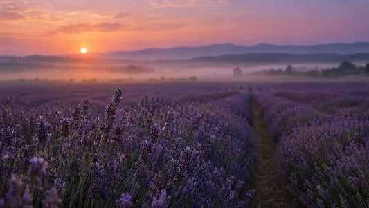 A lavender field at dusk with soft evening light and a violet sky