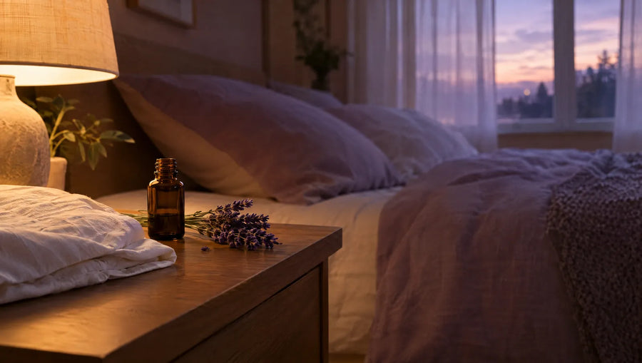 A small glass bottle and a sprig of fresh lavender on a nightstand in violet twilight