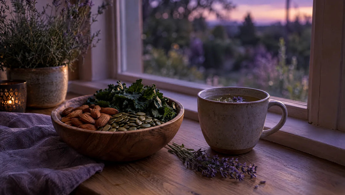A windowsill in evening light with a bowl of nuts, seeds and leafy greens beside a cup of herbal tea and a sprig of lavender