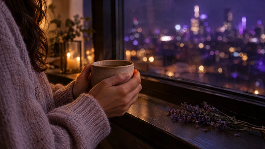 Hands holding a warm mug by a dark window at night with city lights and a sprig of lavender on the sill