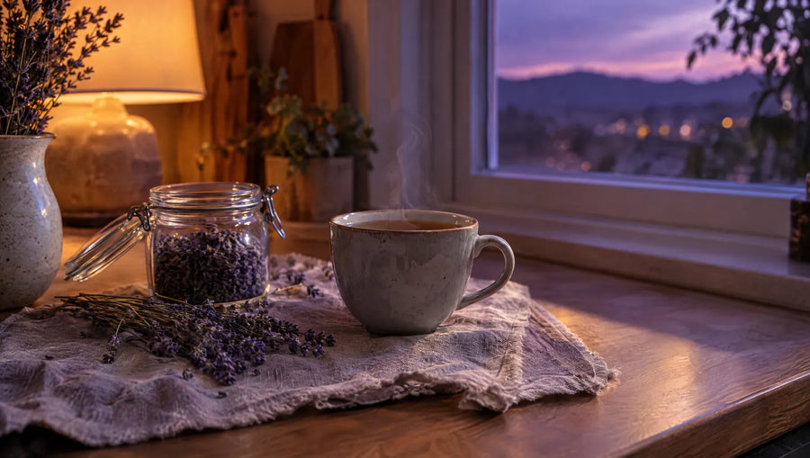 A cup of herbal tea and dried lavender on a kitchen counter by the window in violet evening light