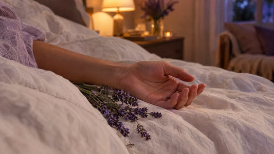 A relaxed hand resting on soft bedsheets in warm evening light with a few lavender stems beside it