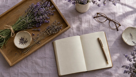 Lavender on a wooden tray next to an open notebook and reading glasses on a lilac linen cloth