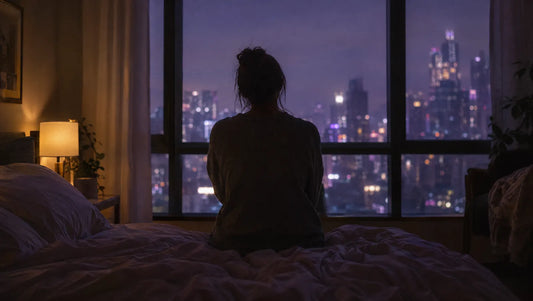 Person sitting awake on the edge of the bed late at night looking out over the city lights