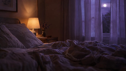 A quiet bedroom in the middle of the night with rumpled sheets and soft violet moonlight through the curtain